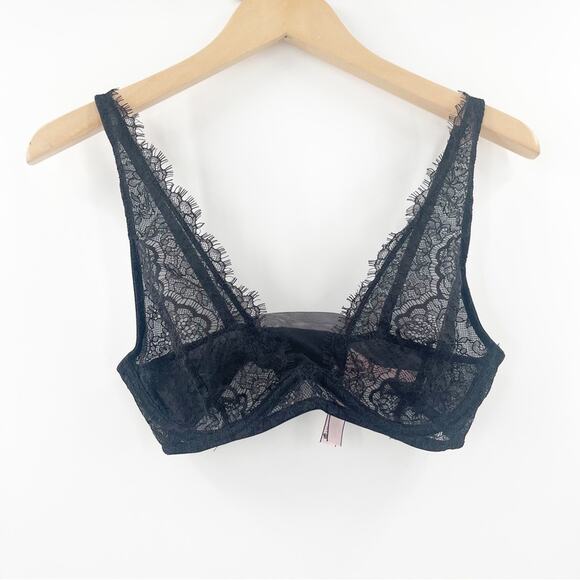 VICTORIA’S SECRET Bra Size 34C Black Lace Dream Angels Plunge Semi Lined Sexy - Picture 2 of 16